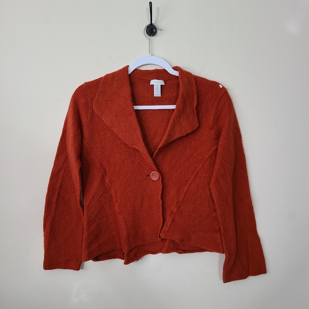Chicos Orange Cropped 100% Wool Jacket Womens 1 Eclectic Bohemian Indie Vintage